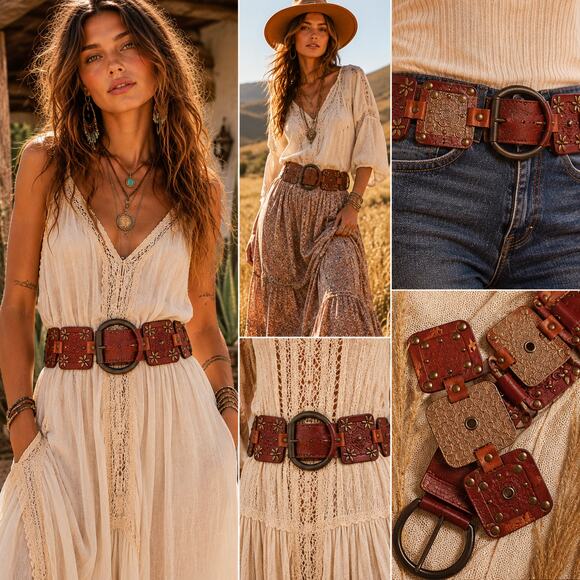 Fossil Wide Brown Studded Leather Belt | Boho Western Statement | M